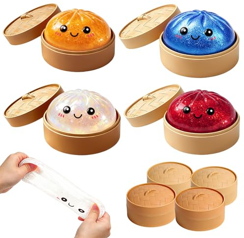 Dumplings Squishy, 4Pcs Glitter Dumpling mit Dampfgarer, Dumplings Squishy Fidget Toys, Anxiety Relief Fidget Toy, Stress & Anxiety Relief Toys for Kids & Adults Non-Edible
