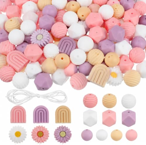 Cobee 112 Stück Blumenförmige Silikonperlen Set, 4 Farben Rund Lose Bastelperlen mit Nylonseil Blumenperlen Gänseblümchen Silikonperlen für DIY Schlüsselanhänge Armbänder Schmuckherstellung (Rosa)