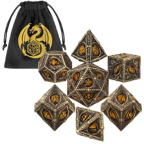 Set di Dadi in Metallo DND, Motivo Occhio di Drago, 7 pezzi di Dadi Poliedrici in Metallo, Accessori per Giochi di Ruolo da Tavolo, Regali D&D con Borsa Regalo, D20 D12 2D10 D8 D6 D4, Bronzo, Ambra | Set di dadi DND, 7 pezzi, D20 D12 2D10 D8 D6 D4, per giochi di ruolo, D&D, regalo per uomini e donne, bronzo ambra