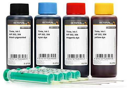 4X 100ml Druckertinte kompatibel für HP 302, HP 304 Tintenpatronen schwarz, Cyan, Magenta, gelb, Komplettset mit Nachfülltinte, Refillspritzen und Handschuhen (kein OEM)