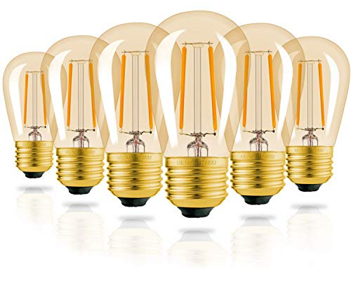 Hizashi S14 Replacement LED Bulbs, 2W=25W Outdoor Edison Bulbs Dimmable E26 Base, Amber 2200K, Shatterproof Waterproof, UL Listed, 6 Pack