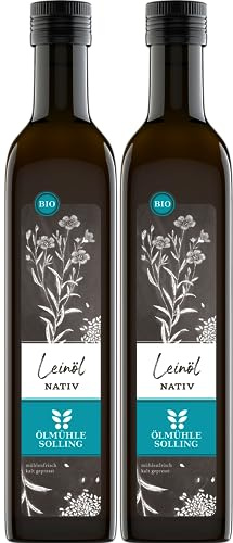 ÖLMÜHLE SOLLING - BIO Leinöl , Täglich mühlenfrisch kaltgepresstes Öl aus Leinsamen. Leinöl mit mildem und nussigem Geschmack. Reich an Omega-3-Fettsäuren , Inhalt: 2x500 ml