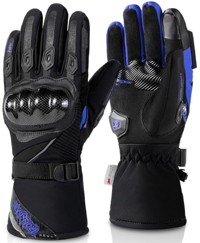 BORLENI Waterproof Motorbike Gloves, Carbon Fiber Water Warm Touch screen Motorcycle Gloves For Mens Women Ladies Blue Medium