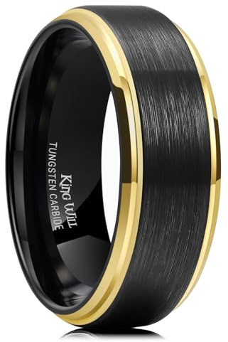 King Will Mens 8mm Black Tungsten Carbide Ring Matte Brushed Gold Plated Polished Step Edge Dual Color Wedding Band, Size 9