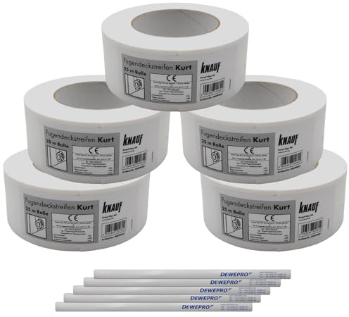DEWEPRO 5 St. KNAUF® Kurt Fugendeckstreifen - 25m Rolle - reißfester Papier-Bewehrungsstreifen zur Verspachtelung von Gipskartonplatten und Gipsfaserplatten - im Set inkl. 5 St Zimmermannsbleistift