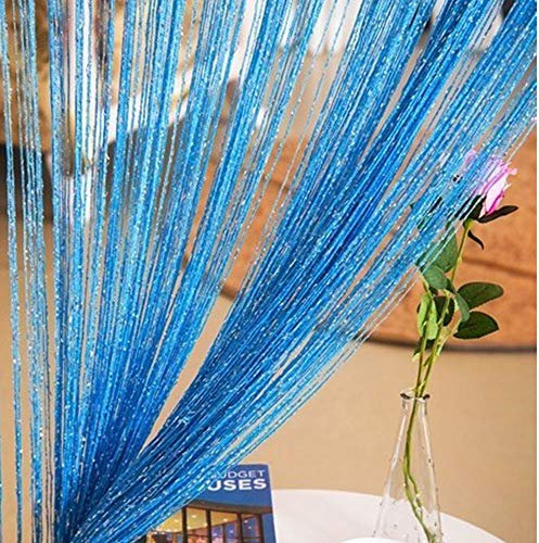 Duosuny Fadenvorhang für Türen, 99 x 198 cm, seltener flacher Silberband, Fransen, Fensterpaneel, Raumteiler, niedliche Streifen, Quaste für Hochzeit, Café, Restaurant, Party, Teile (2 Stück) blau