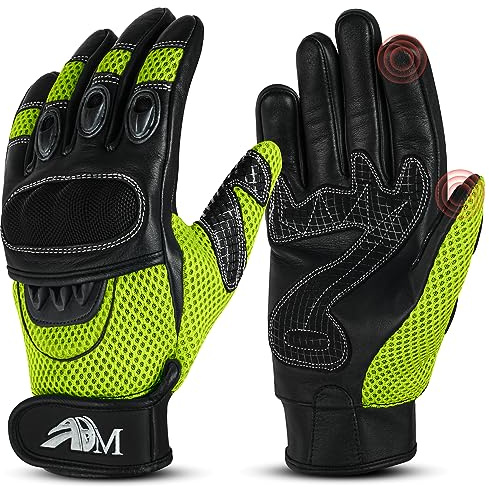 Pro-Biker Cuero de Vaca Deportes Motocicleta Dedo Completo Verano Montar en la montaña Guantes Deportivos con protección de Nudillos para la Seguridad de los Hombres (9001 Fluorescente, M)