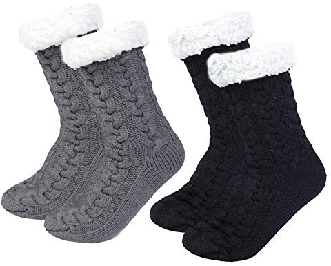 Chalier Fashion 2 Paires Chaussettes Femme Chaussettes Slipper Femme Chaussettes Chaudes avec Doublure en Polaire Douce Antidérapantes Noël Thermiques Hiver