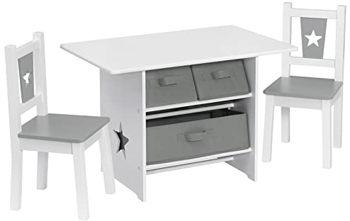 WOLTU Kindersitzgruppe, 1 Kindertisch und 2 Stühle, Kindertisch mit Stauraum, Kindermöbel Set aus Holz, mit 3 Aufbewahrungskörben, Sitzgruppe für Kinder, Grau + Weiß