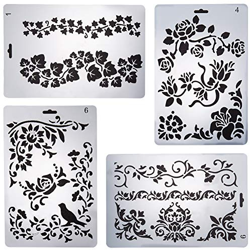 GORGECRAFT 4pcs plastica disegno pittura stencil fiori piante grafica modelli per fai da te arti carrello fare journaling scrapbooking, A5 Stencil per Pittura di Bordi Floreali