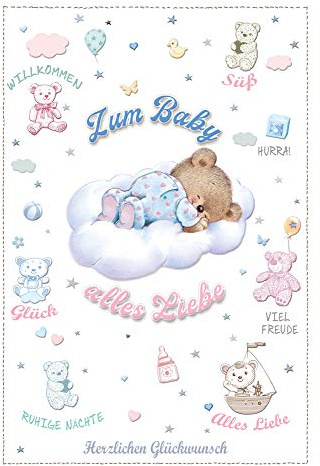 KE - Niedliche Glückwunschkarte zur Geburt eines Babys, Hochwertige Blindprägung, DIN B6 Format, Inklusive Umschlag, Geschenk zur Geburt, Motiv: Schlafender Teddy