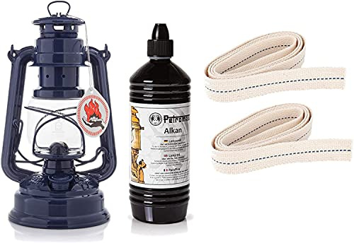 Feuerhand Starter-Set Sturmlaterne Baby Special 276 Set mit 1 Liter Alkan und 2 Ersatz-Dochten (Kobaltblau)