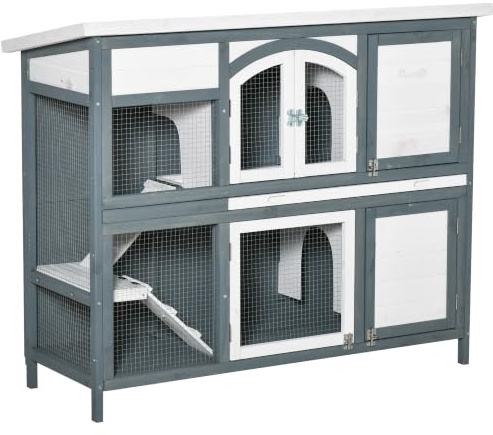 PawHut Rabbit Hutch Outdoor Guinea Pig Hutch 2 Tier 125 x 48 x 100cm Grey | Wooden Cage, Ramp, Divider, Openable Roof
