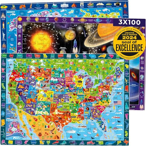 QUOKKA 100 Piece Puzzles for Kids Ages 4-6 - 3 Jigsaw Kids Puzzles Ages 6-8 - Learning Map of the United States World Space - Toddler Educational Games for 5-8 Year - Toys for 8-10-12 Year Old
