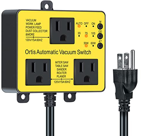 Automatic Vacuum Switch with Extra Outlet for Using More Power Tools, Ortis Dust Control Autoswitch Delay Vacuum On/Off to Prevent Circuit Overload and Tripping, Adjustable Actuation Threshold, Yellow