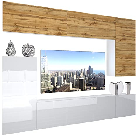 BELINI Meuble Mural NEX 8 avec LED, chêne wotan/Blanc très Brillant 1