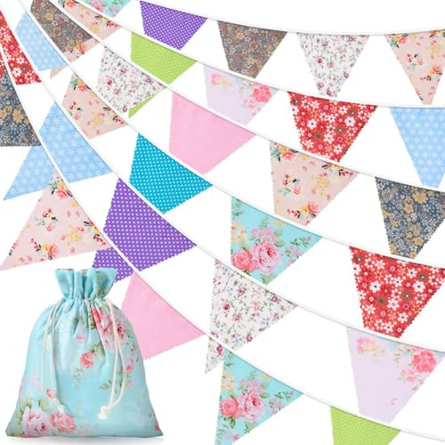 Alintor 46 Flags 45.9ft Fabric Bunting + Drawstring Bag, Vintage Floral Bunting, Bunting Flags for Garden, Birthday Party, Outdoor, Afternoon Tea, Mothers Day, Easter Decorations (blue)