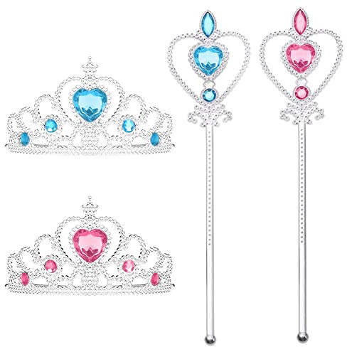 EQLEF Prinzessin Krone Kinder und Zauberstab 2 Sets Rosa und Blau, fee kostüm und zauberstab für Mädchen aus Kunststoff krönchen kinder Kostüm für Karneval, Kindergeburtstag und Halloween