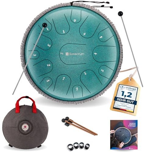 Sonodrum Zungentrommel Premium C - Dur in Grün - 35 cm groß mit 15 Tönen - Steel Tongue Drum inkl. Liederbuch, Schlägel, Fingersticks und Tragetasche - Notenlesen nicht nötig, einfach zu spielen.