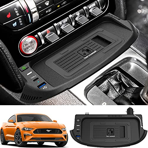 Singkin Kabelloses Ladegerät Auto für Ford Mustang 2022 2021 2020 2019 2018 2017 2016 2015, 15W Qi Schnellladendes Handy-Ladegerät mit QC3.0-USB-Anschluss für iPhone 12/13/13 Pro Samsung S22/S21