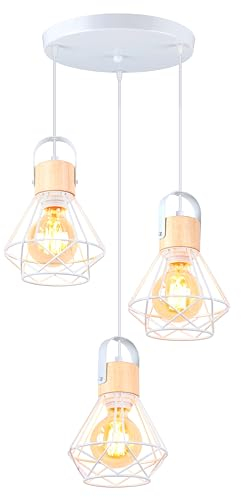 iDEGU 3 Luci Lampadario a Sospensione Vintage Industriale, Lampada da Soffitto in Legno e Metallo Bianco Gabbia Geometrica 16cm Retro Lampada a Sospensione Interni per Camera da Letto Cucina (Piatto)