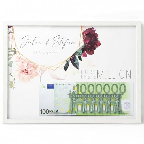 Papierschmiede® Hochzeitsgeschenke für Brautpaar, Personalisiertes Geldgeschenk Hochzeit mit Namen | DIN A4 Rahmen wählbar, Verpackung für Geldgeschenke, Geschenk Bild „Eure Erste Million“