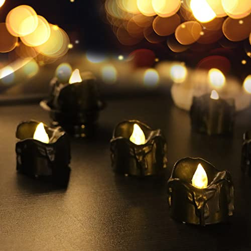 PERZOE 6 Pcs LED Bougies Lumières Noir LED Bougies Chauffe-Plat À Piles Électriques sans Flamme Scintillement Bougies Chauffe-Plat LED Bougie Lampe A