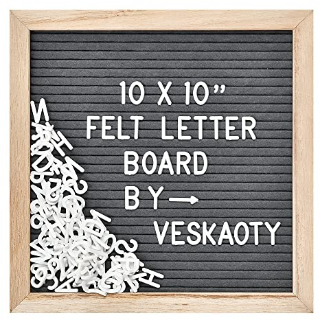 Filt bokstavstavla med 294 bokstäver, siffror och symboler - 10 x 10 tum utbytbart anslagstavla med träram väggmonteringskrok, (grå bräda och träram)