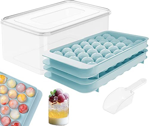Mini Sphere Ice Cube Tray Balls, Round Ice Ball Maker Mould for Freezer, Includes Free Container (Blue)