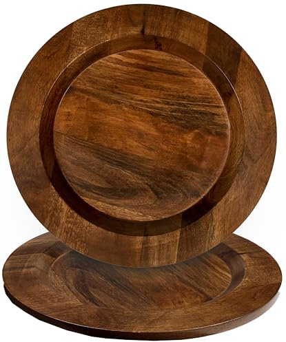 CLEENTABLE Wooden Chargers Plates Set of 2-13 Serving Dinner Plate for Weddings, Parties, Rustic Table Decor, Indoor Outdoor Dining - Lightweight Round Appetizer Plates (Walnut)