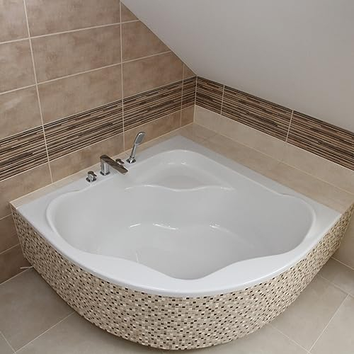 ECOLAM Vasca da bagno SELMA 140 x 140 cm + supporto per vasca da bagno ad angolo, vasca angolare in acrilico, supporto in polistirolo, piastrellabile, scarico simmetrico, in acrilico, bianco, set di