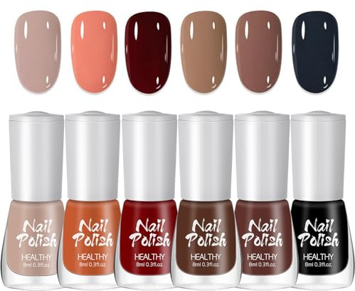 Nail Polish Set, 6Pcs Autumn Winter Nail Varnish, Quick Dry & Long Lasting Red Brown Series Nail Gel, Non-Toxic Water Based Nail Polish Gel for Women Girls DIY Nail Art at Home (Nude Red Brown Black)