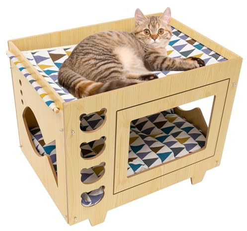 BAOCHADA Casa para gatos de madera con colchón, casa para gatos interior con hamaca de lino, caseta de madera para mascotas, cuatro estaciones para gatos, 55 x 40 x 44 cm (beige)