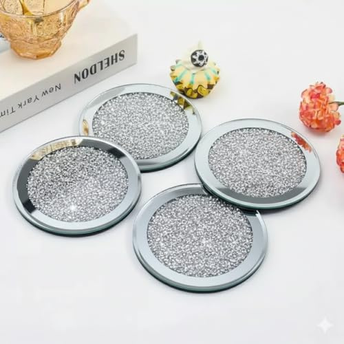 SERENA'S ® 4 Pack Crushed Diamond Crystal and Mirror Coasters Set of 4 Glittering Silver Coasters for Home Kitchen Bar & Restuarant Decor (Round)