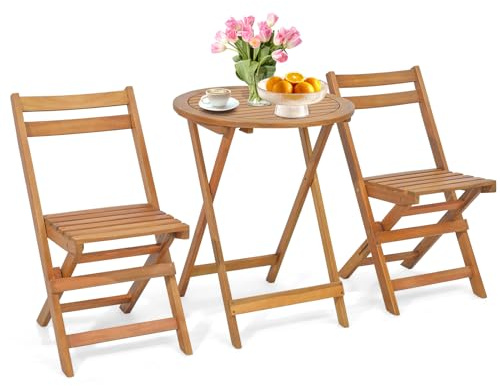 COSTWAY 3tlg. Balkonmöbel Set, Bistrotisch mit 2 Stühlen, klappbares Balkonset aus Akazienholz, Bistroset, Gartengarnitur, Gartenmöbel, Sitzgruppe für Balkon, Garten