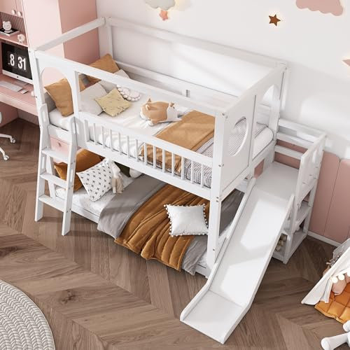 kubeier Litera Infantil, Cama Doble, Cama Infantil Multifuncional, con estantes, con tobogán, sin colchón, Cama casita de Madera Maciza para jóvenes, Blanco, 90x200 cm