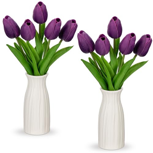 Briful 2 Packs Fake Flowers Artificial Tulips with Ceramic Vase, Purple Artificial Flowers Poly Foam Tulips Real Touch Flowers Artificial in Vase for Home Decor, Centerpieces, Wedding Decoration