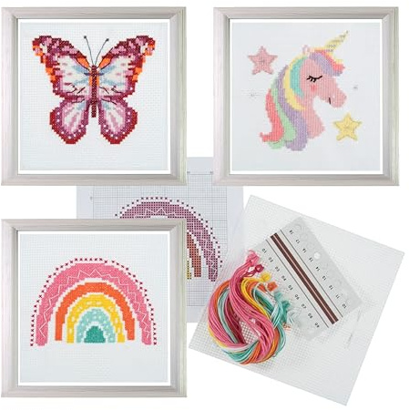 Trimits 3PK Cross Stitch Kits for Adults Beginners - Pre Printed Cross Stitch Kit, Beginners Embroidery Kit for Adults & Kids, Complete DIY Embroidery Starter Set - 13x13cm, Rainbow/Unicorn/Butterfly