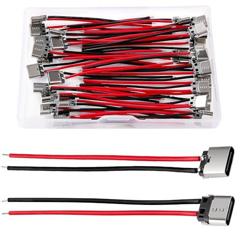 KUOQIY 30 Stücke 3A 2 Polige USB-C Buchse, USB Typ-C 2P Buchse Kabel, 2 Draht Micro USB-Cbuchse Löten mit 60mm 24 AWG Drähten