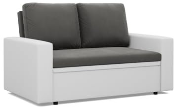Mebligo - Zweisitzer Sofa Wohnzimmer mit Schlaffunktion, Bettkasten und Kunsteleder 148x90x87 (BxHxT) Grau und Weiß Luna, Schlafsofa Platzsparend, Schlafcouch, Sofabett, Sofa Bed, Bettsofa
