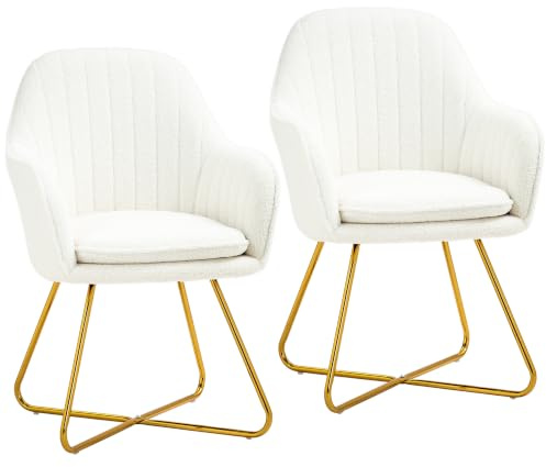 HOMCOM Accent Chair Set of 2, Gold Metal Legs, Thick Cushion, Cream White | Boucle Tub Chairs, Modern Armchairs, Living Room, Bedroom, Makeup, Reading Nook