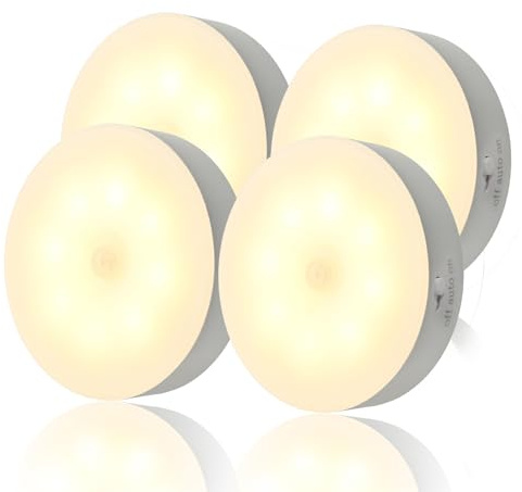 MEgegulo Motion Sensor Night Light, Warm White Indoor USB Rechargeable LED, Stair Magnetic lamp for Cupboard, Hallway, Kitchen, Wardrobe, Closet (4 Pack)