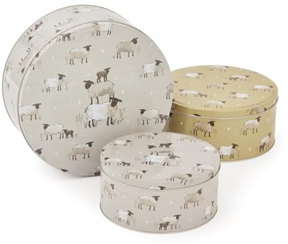 Cooksmart Highland Sheep Set of 3 Round Cake Tins | British designed, sheep and nature artwork, nesting storage, tinplate steel, kitchen organisation