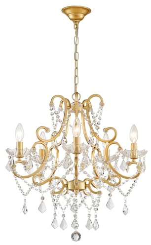 Wieliou Crystal Chandelier, Golden Crystal Lighting,5-Light Modern Chandelier for Living Room Kitchen Island Entryway Bedroom