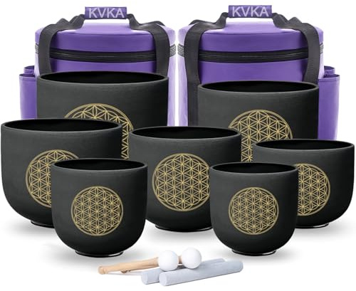 KVKA Bol chantant en cristal - 432 Hz - Design du chakra de la fleur de vie - Noir givré - Avec sac de transport et accessoires - Pour yoga, méditation, guérison sonore et travail énergétique