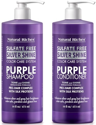 Natural Riches Radiant Silver Shine Purple Shampoo and Conditioner Set for Gray Hair - Paraben-Free and Color Safe – With Silk Proteins, Tones Dull Hair, Softens & Adds Shine - 16 fl oz