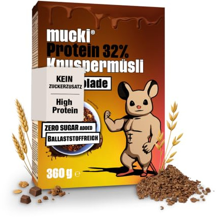 mucki Protein Knuspermüsli mit Schokolade 360g Single Pack – Hochwertiges Protein Müsli ohne Zucker – Proteinreiches Schokomüsli mit 32% Proteingehalt, Haferflocken, Sojacrispies und Ballaststoffen