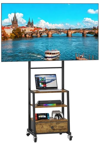 OYRREU Support TV roulettes pour TV de 32 à 60 Pouces, Support TV sur Pied avec Tiroir Tissu et Rangement Etagère, Pied TV Mobile Hauteur Réglable, Max. Vesa 400x400 mm, Jusqu'à 40 KG, Brun Vintage