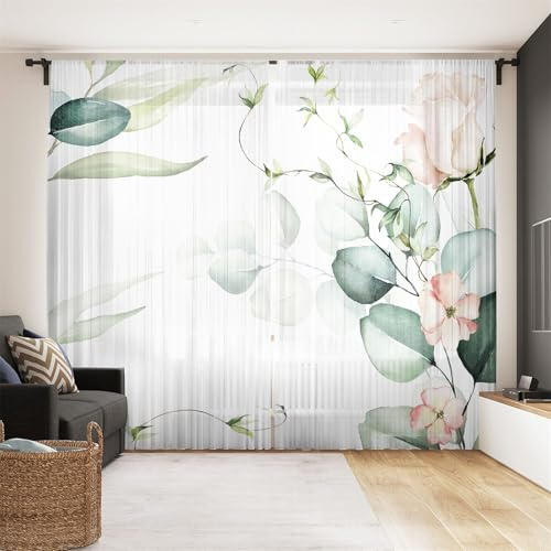 Odot Halbtransparente Vorhänge Wohnzimmer, 3D Grün Blatt Muster Voile Gardinen mit Stangentaschen 2 er Set Gardinenvorhang Fensterschal Moderne Vorhänge Fenster (Rosa Blume,107x244cm)