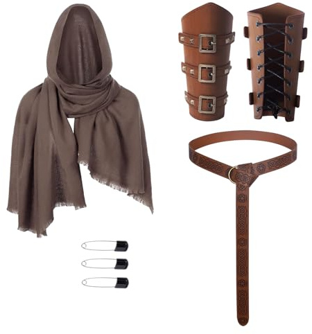 JDFAIJEAL Juego de accesorios de estilo vikingo medieval, kit de caballero renacentista, bufanda de capa vintage, cinturón de cuero, protectores de brazos, juego de rol de Halloween y renacimiento